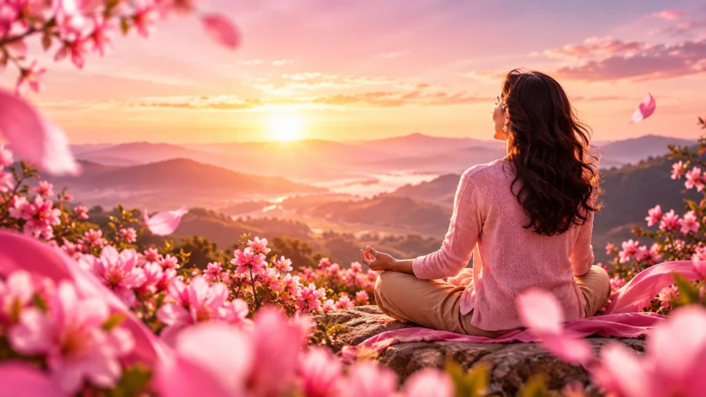 Mulher meditando de costas diante de montanhas ao amanhecer